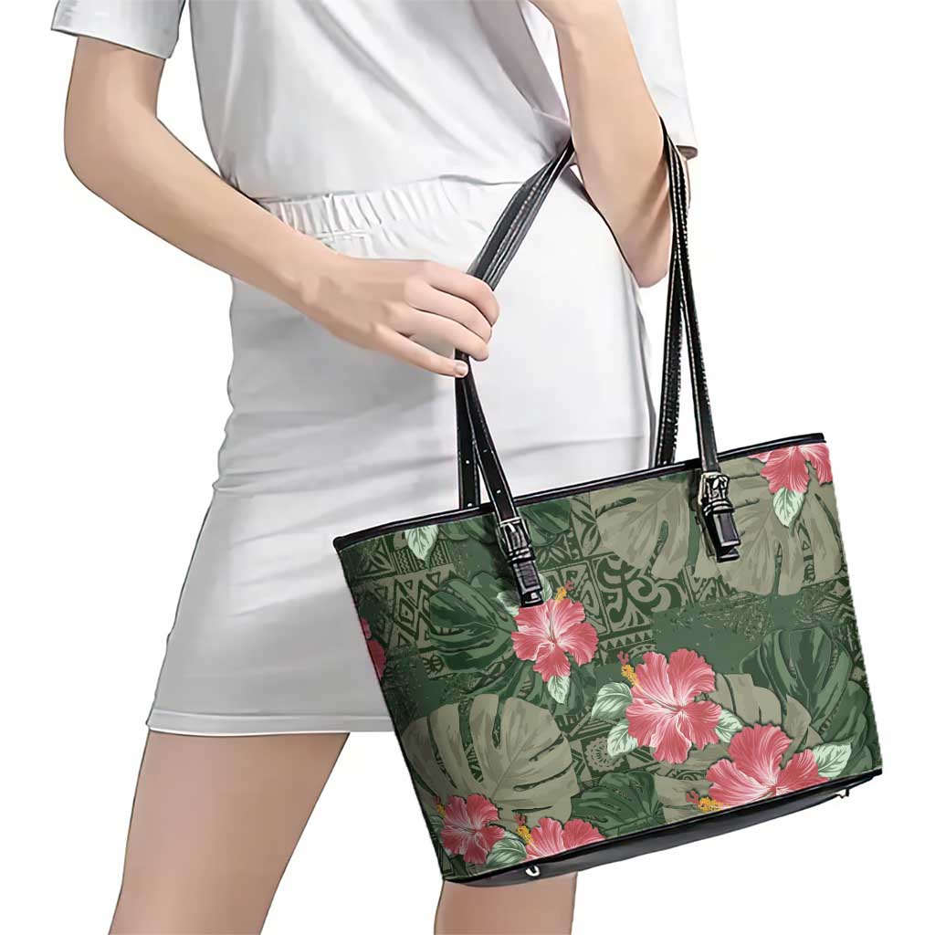 Hawaii Leather Tote Bag Green Polynesian Monstera Patterns DT05 - Polynesian Pride