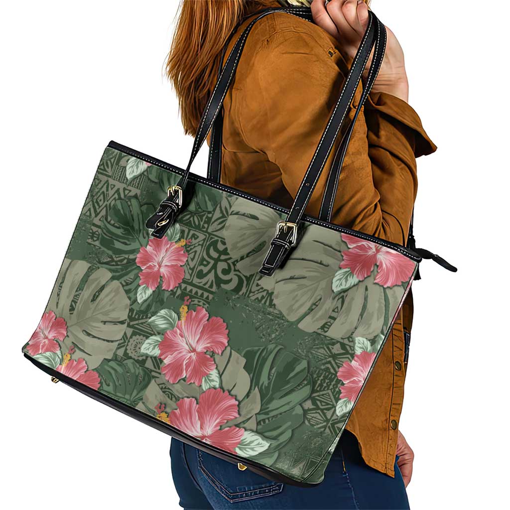 Hawaii Leather Tote Bag Green Polynesian Monstera Patterns DT05 - Polynesian Pride