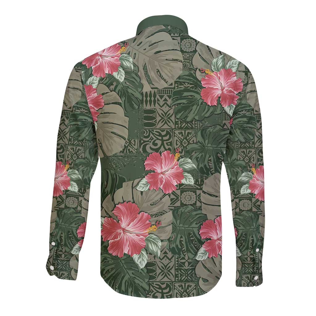 Hawaii Long Sleeve Button Shirt Green Polynesian Monstera Patterns - Polynesian Pride