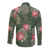 Hawaii Long Sleeve Button Shirt Green Polynesian Monstera Patterns - Polynesian Pride