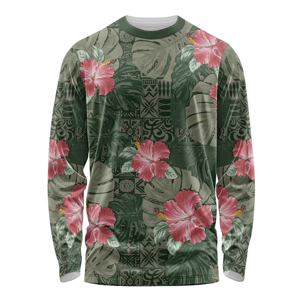 Hawaii Long Sleeve Shirt Green Polynesian Monstera Patterns - Polynesian Pride