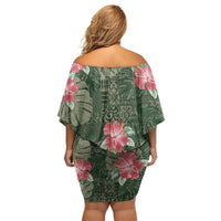 Hawaii Off Shoulder Short Dress Green Polynesian Monstera Patterns - Polynesian Pride
