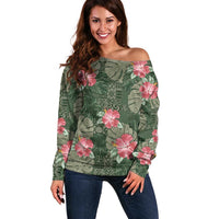 Hawaii Off Shoulder Sweater Green Polynesian Monstera Patterns - Polynesian Pride