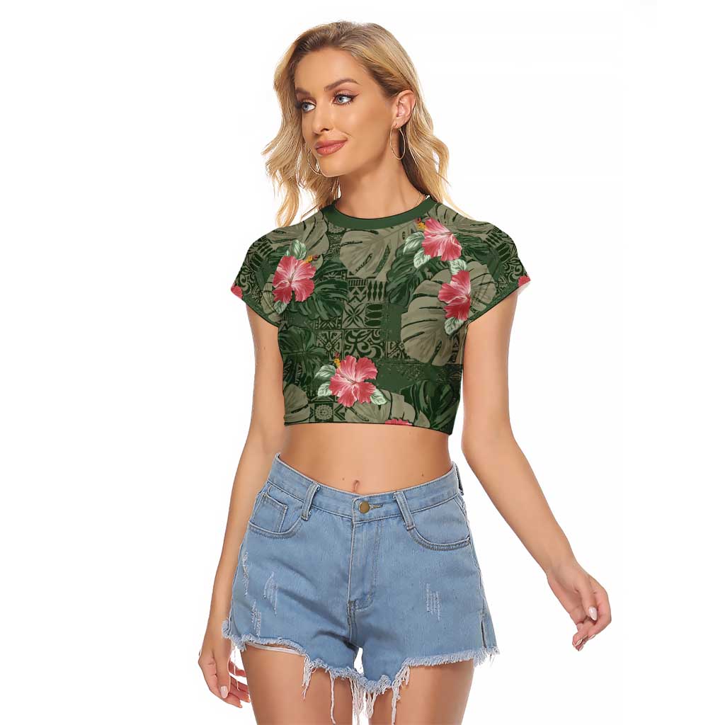 Hawaii Raglan Cropped T Shirt Green Polynesian Monstera Patterns DT05 Female Green - Polynesian Pride