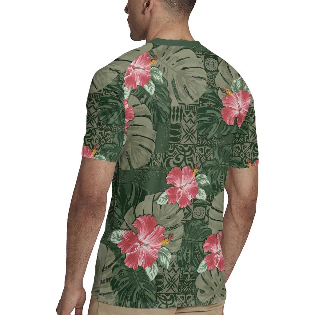Hawaii Rugby Jersey Green Polynesian Monstera Patterns - Polynesian Pride