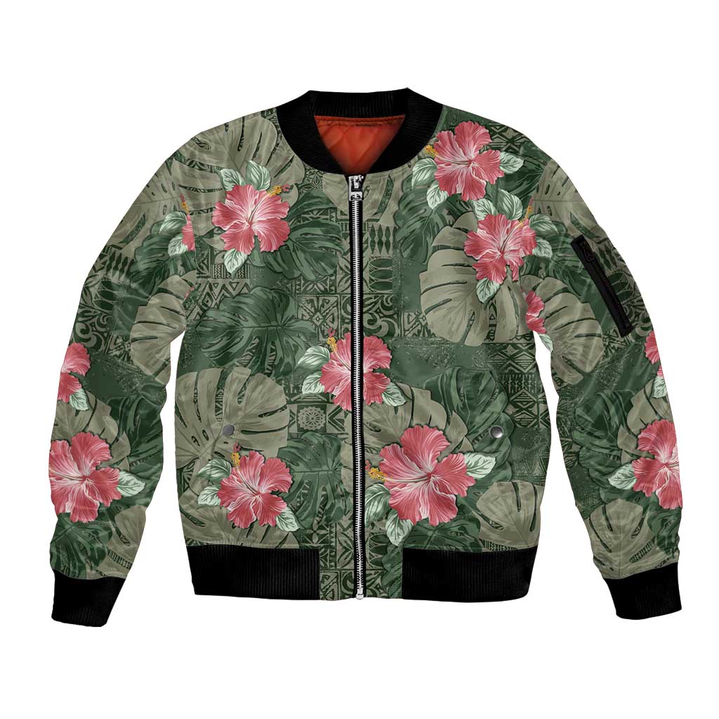 Hawaii Sleeve Zip Bomber Jacket Green Polynesian Monstera Patterns - Polynesian Pride