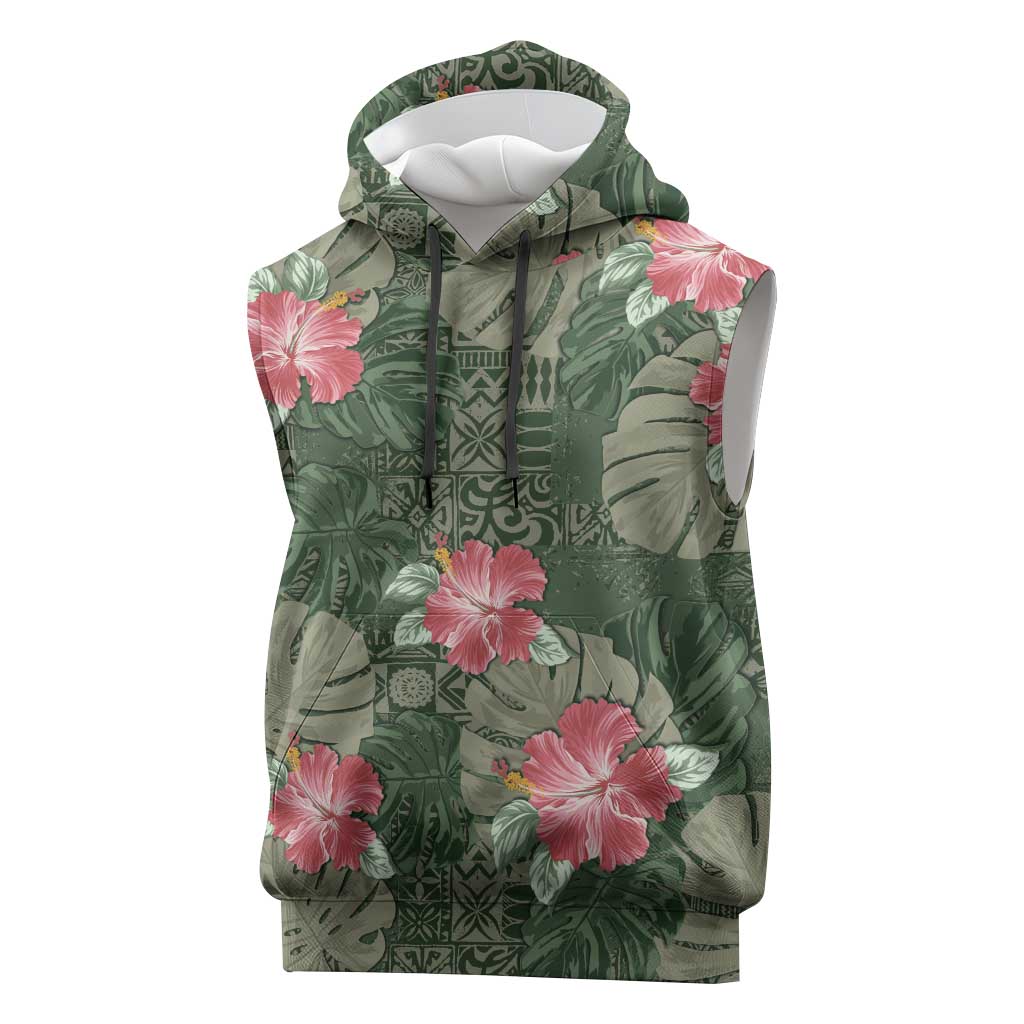 Hawaii Sleeveless Hoodie Green Polynesian Monstera Patterns - Polynesian Pride