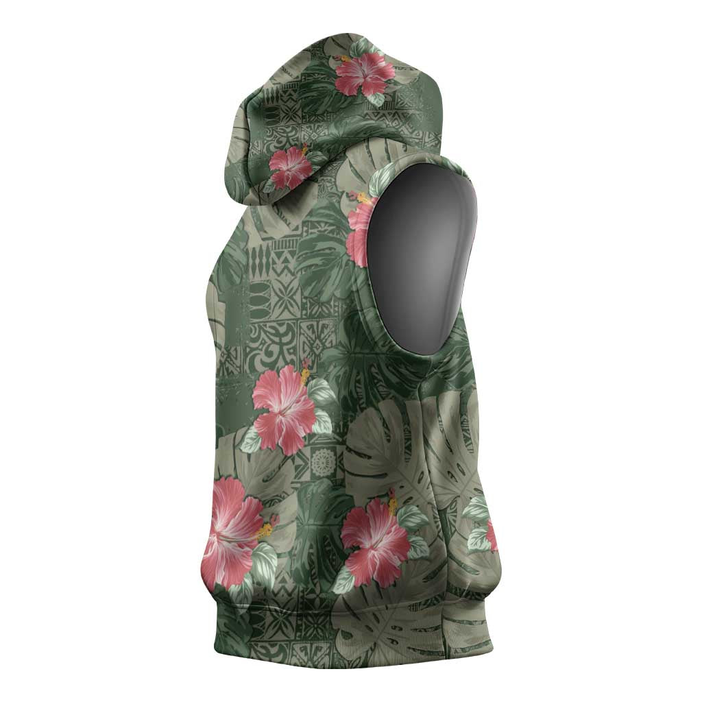 Hawaii Sleeveless Hoodie Green Polynesian Monstera Patterns - Polynesian Pride