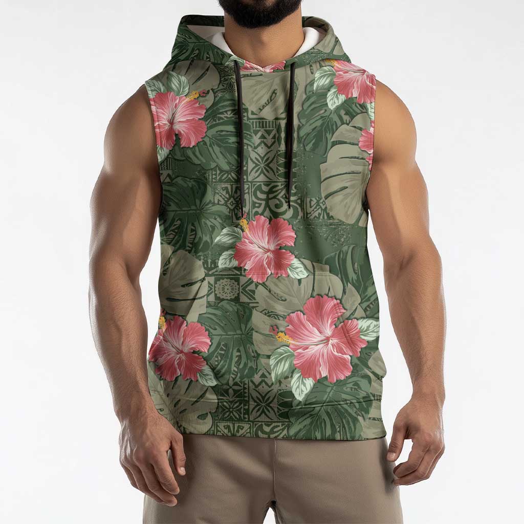 Hawaii Sleeveless Hoodie Green Polynesian Monstera Patterns - Polynesian Pride