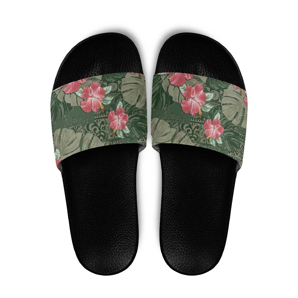 monstera sandals Hawaii Slide Sandals Green Polynesian Monstera Patterns