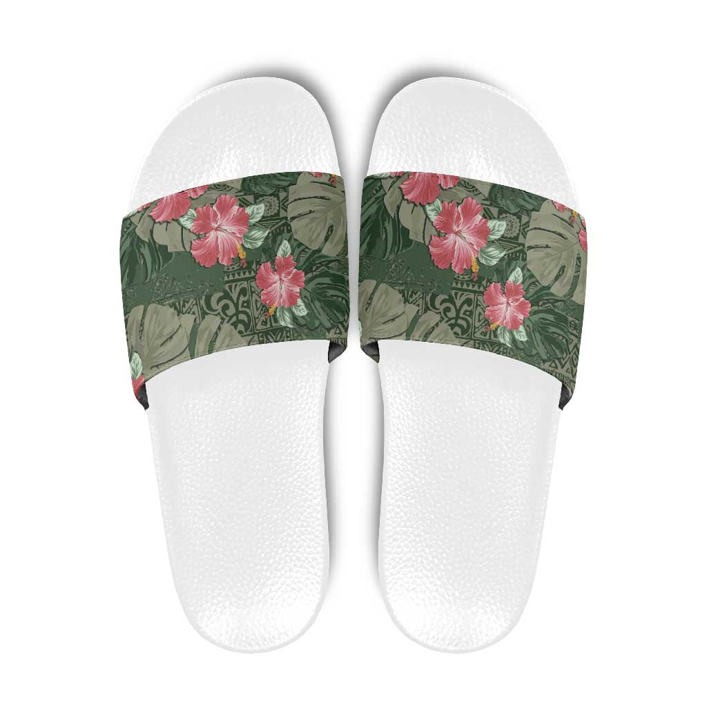 Hawaii Slide Sandals Green Polynesian Monstera Patterns - Polynesian Pride
