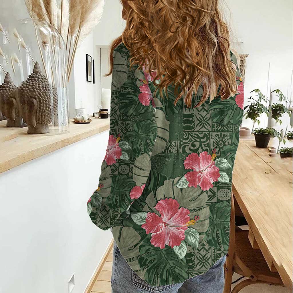 Hawaii Women Casual Shirt Green Polynesian Monstera Patterns - Polynesian Pride
