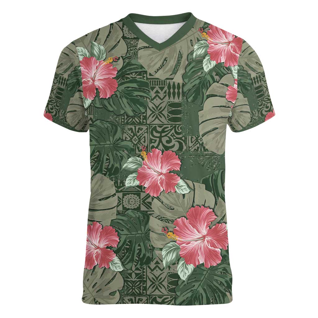 Hawaii Women V-Neck T-Shirt Green Polynesian Monstera Patterns DT05 Female Green - Polynesian Pride