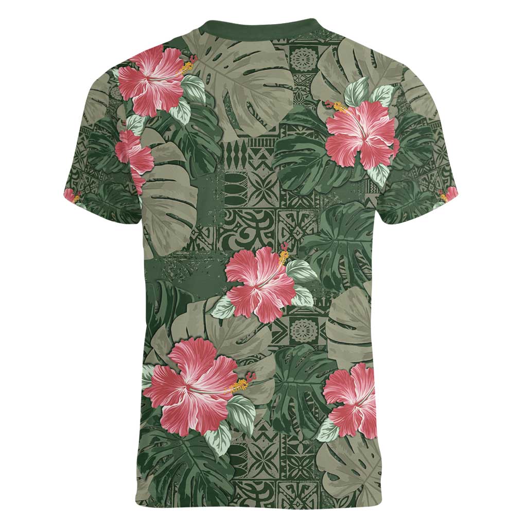 Hawaii Women V-Neck T-Shirt Green Polynesian Monstera Patterns - Polynesian Pride