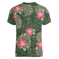 Hawaii Women V-Neck T-Shirt Green Polynesian Monstera Patterns - Polynesian Pride