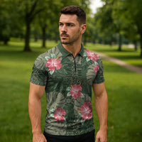 Hawaii Zipper Polo Shirt Green Polynesian Monstera Patterns - Polynesian Pride