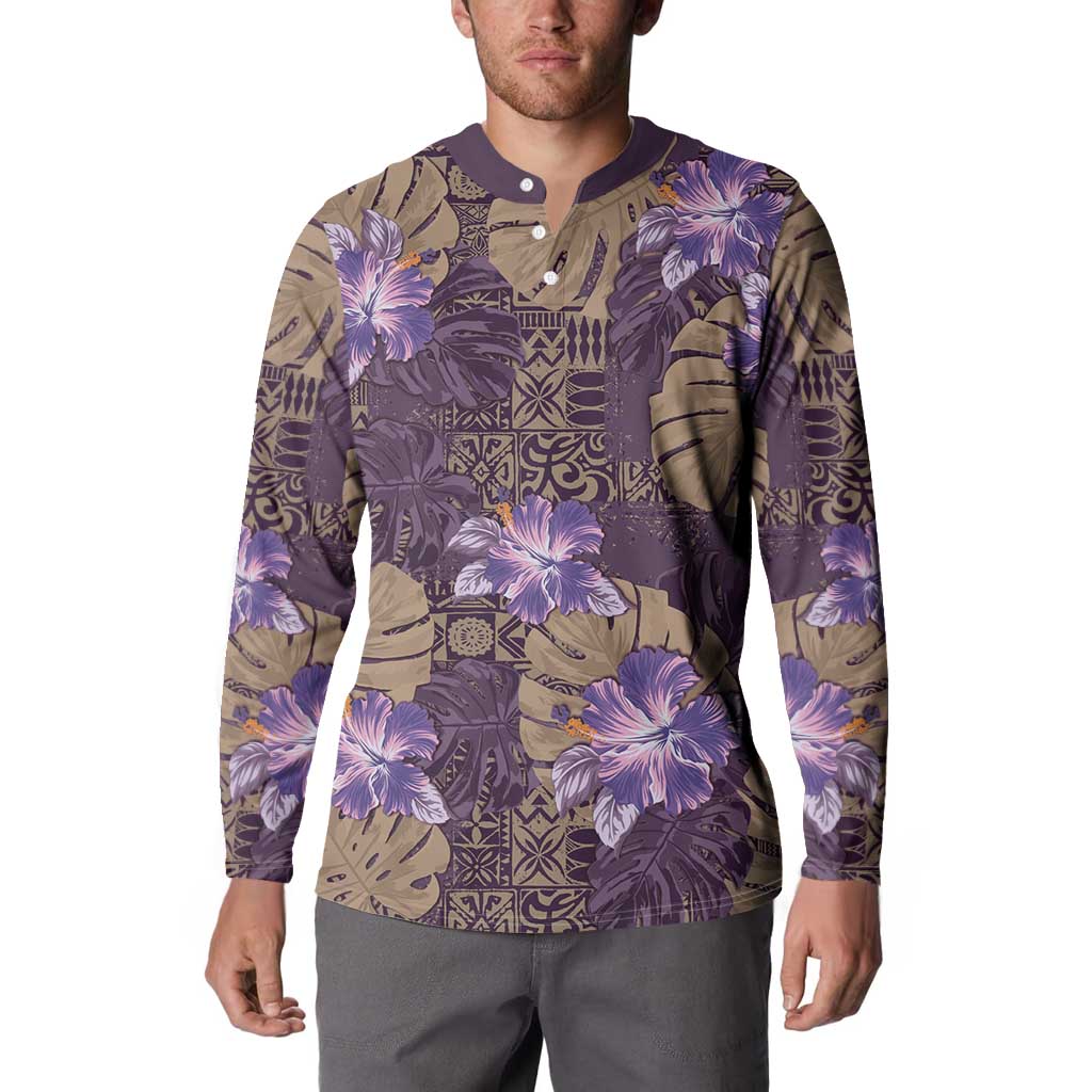 Hawaii Button Sweatshirt Purple Polynesian Monstera Patterns - Polynesian Pride