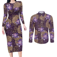 Hawaii Couples Matching Long Sleeve Bodycon Dress and Long Sleeve Button Shirt Purple Polynesian Monstera Patterns - Polynesian Pride