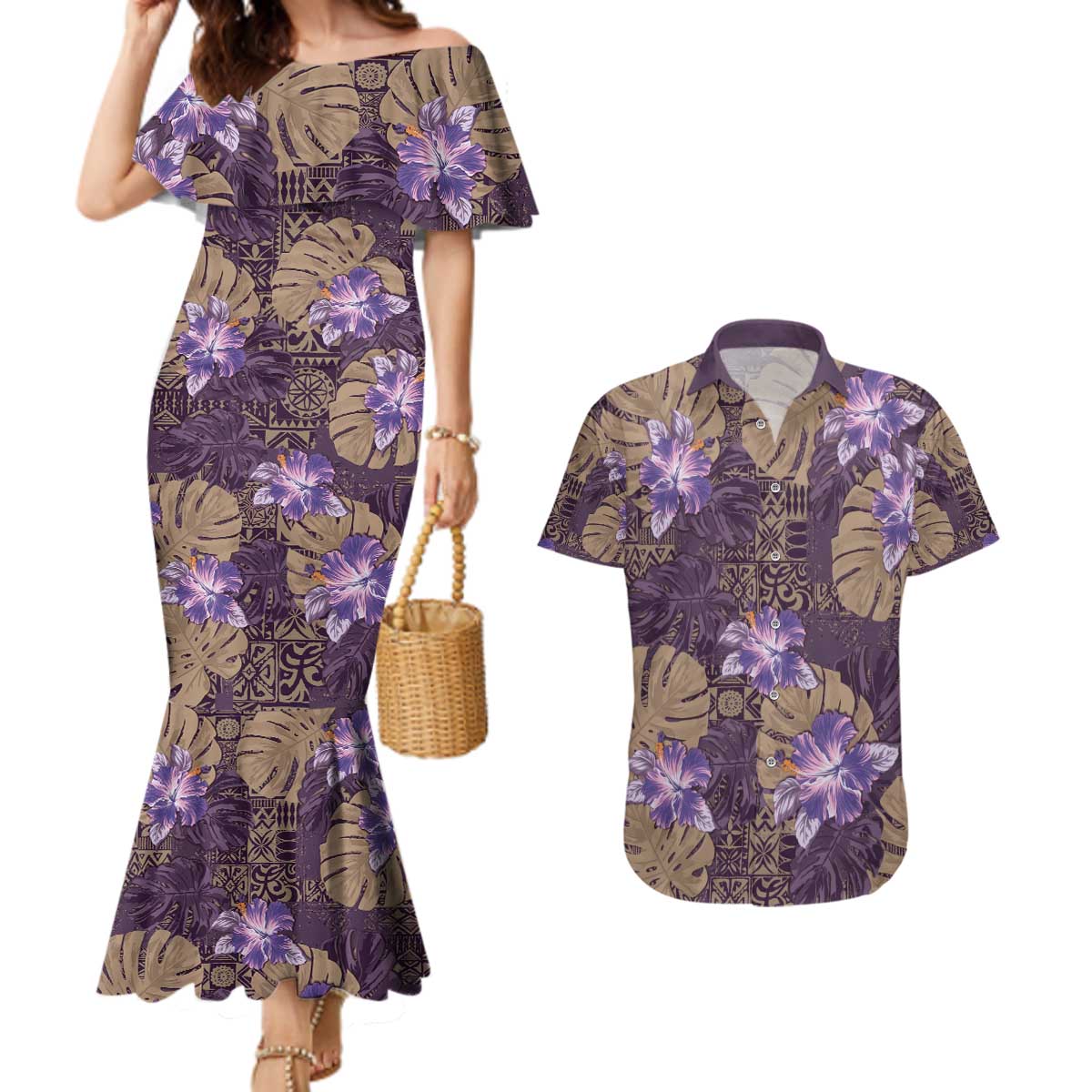 Hawaii Couples Matching Mermaid Dress and Hawaiian Shirt Purple Polynesian Monstera Patterns - Polynesian Pride