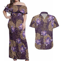 Hawaii Couples Matching Off Shoulder Maxi Dress and Hawaiian Shirt Purple Polynesian Monstera Patterns - Polynesian Pride