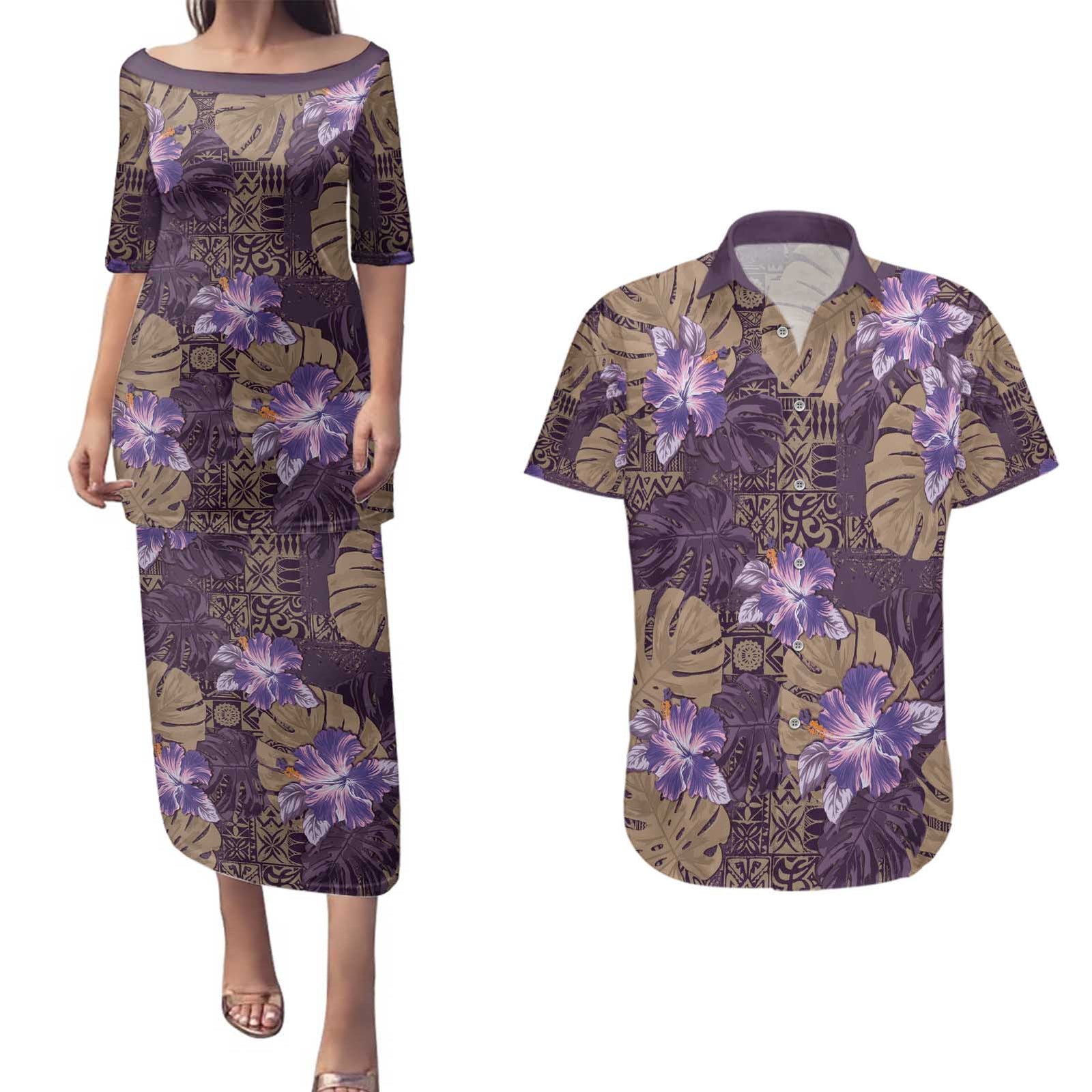 Hawaii Couples Matching Puletasi and Hawaiian Shirt Purple Polynesian Monstera Patterns DT05 Purple - Polynesian Pride