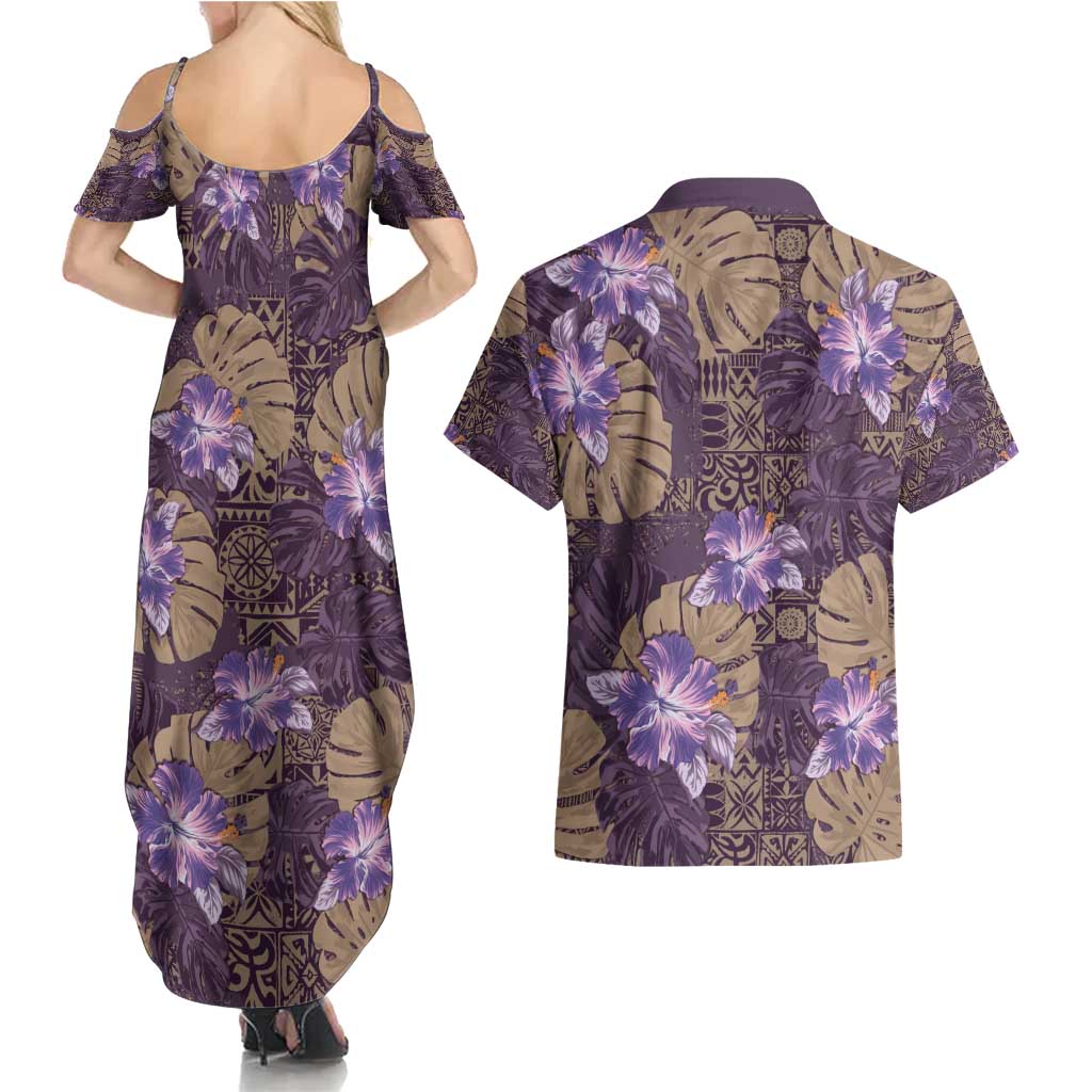 Hawaii Couples Matching Summer Maxi Dress and Hawaiian Shirt Purple Polynesian Monstera Patterns - Polynesian Pride