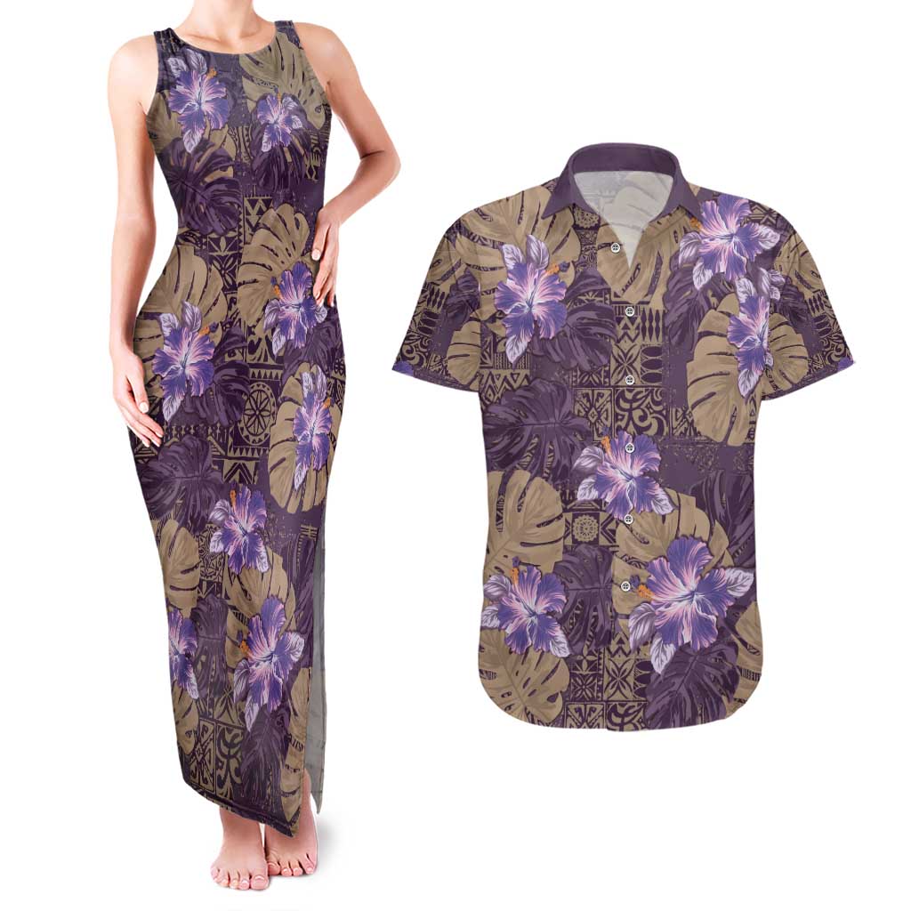 Hawaii Couples Matching Tank Maxi Dress and Hawaiian Shirt Purple Polynesian Monstera Patterns - Polynesian Pride