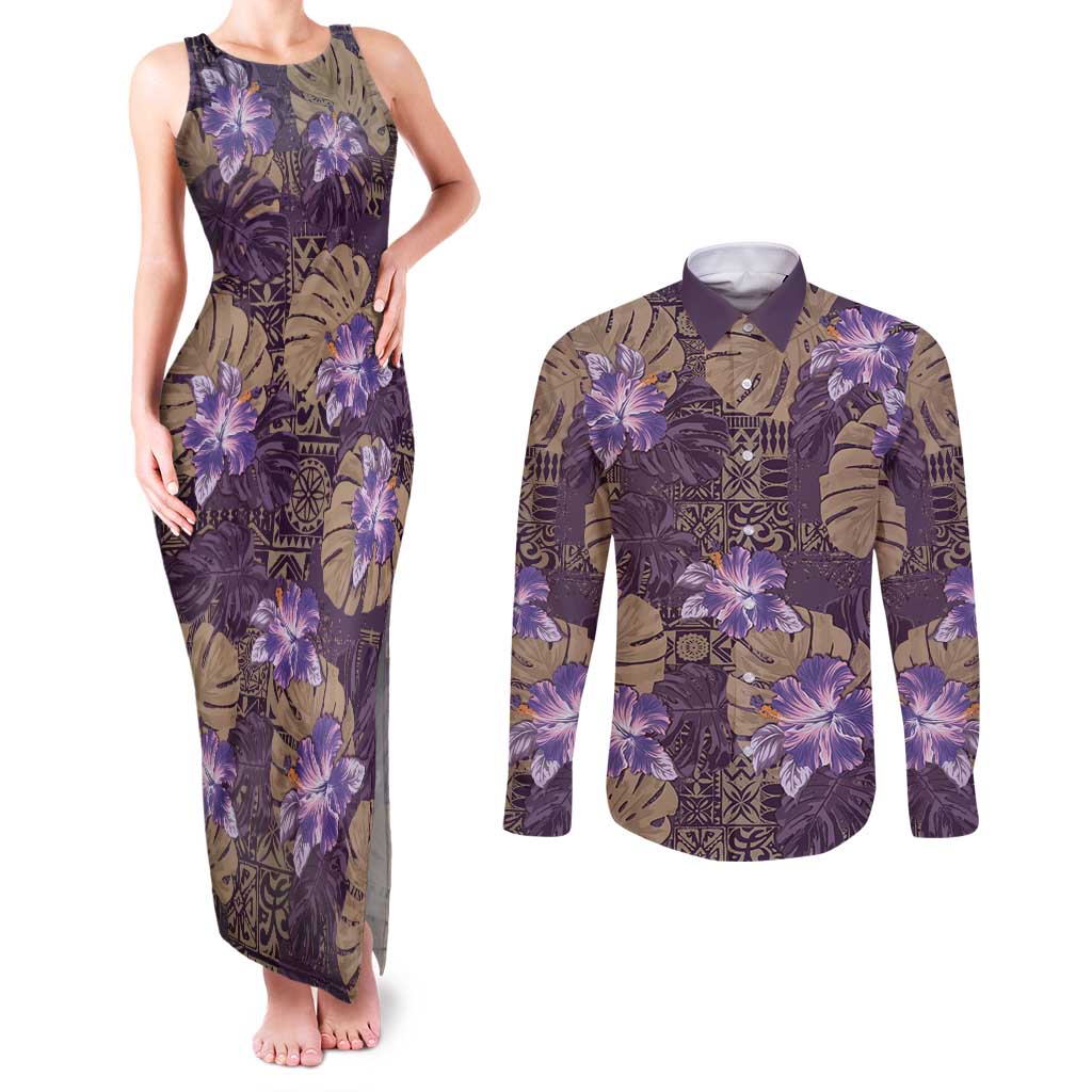 Hawaii Couples Matching Tank Maxi Dress and Long Sleeve Button Shirt Purple Polynesian Monstera Patterns - Polynesian Pride