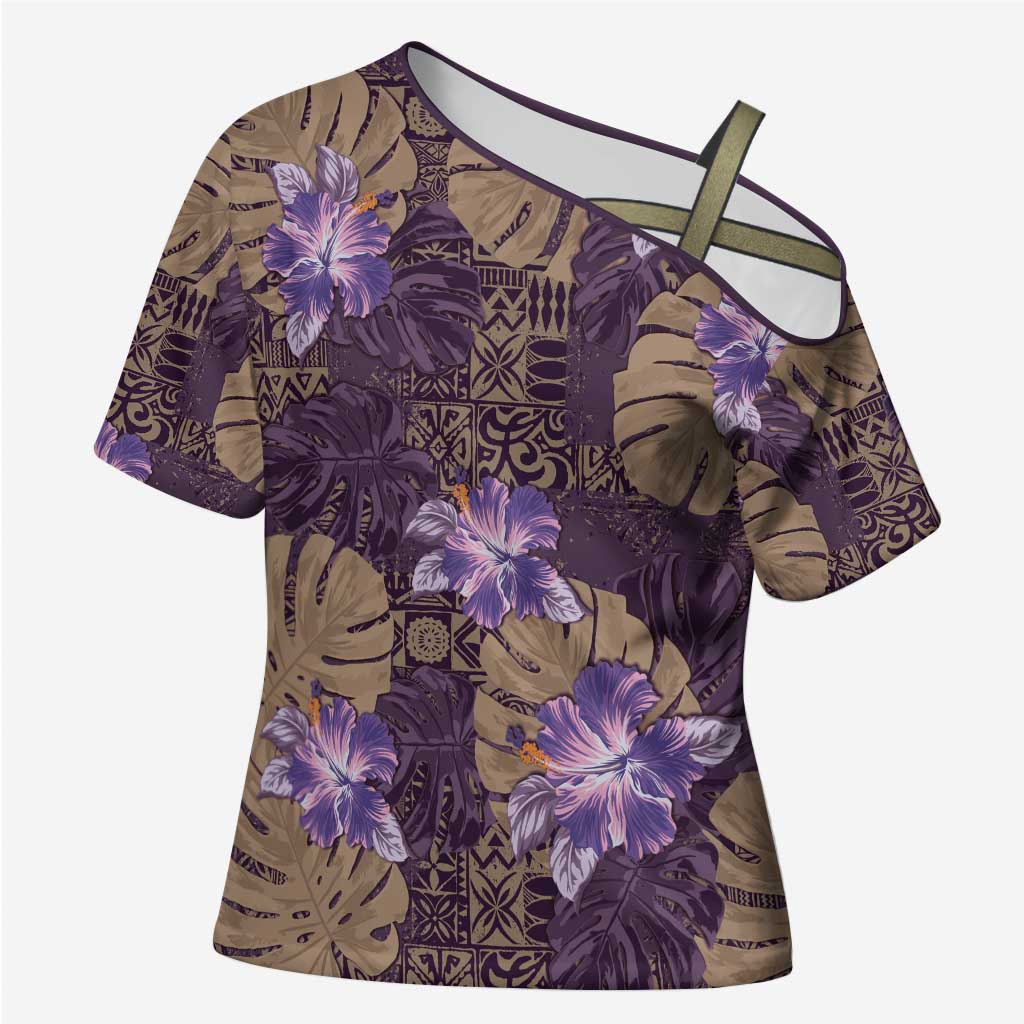 Hawaii Cross Shoulder Shirt Purple Polynesian Monstera Patterns - Polynesian Pride