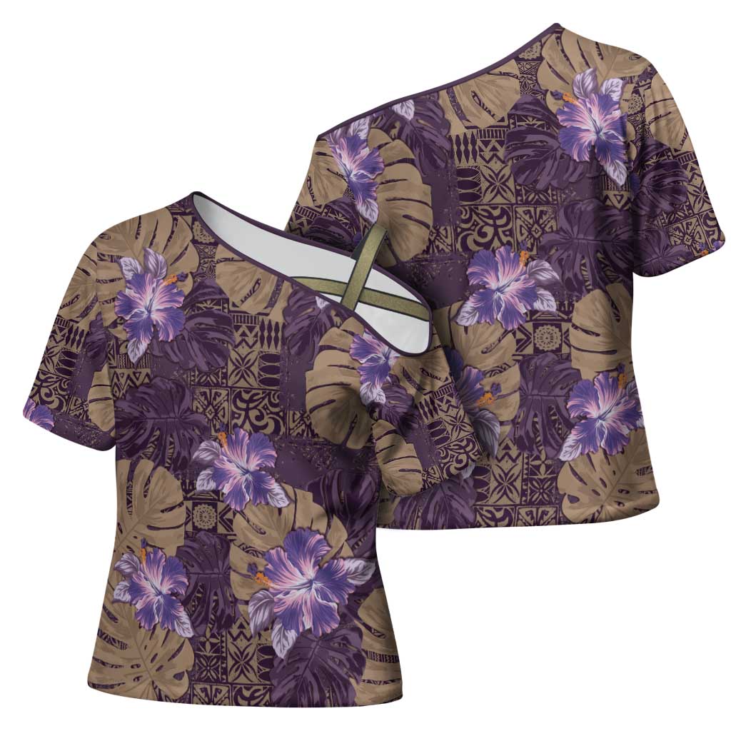 Hawaii Cross Shoulder Shirt Purple Polynesian Monstera Patterns - Polynesian Pride
