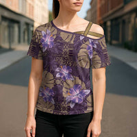 Hawaii Cross Shoulder Shirt Purple Polynesian Monstera Patterns - Polynesian Pride