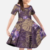 Hawaii Family Matching Off The Shoulder Long Sleeve Dress and Hawaiian Shirt Purple Polynesian Monstera Patterns - Polynesian Pride