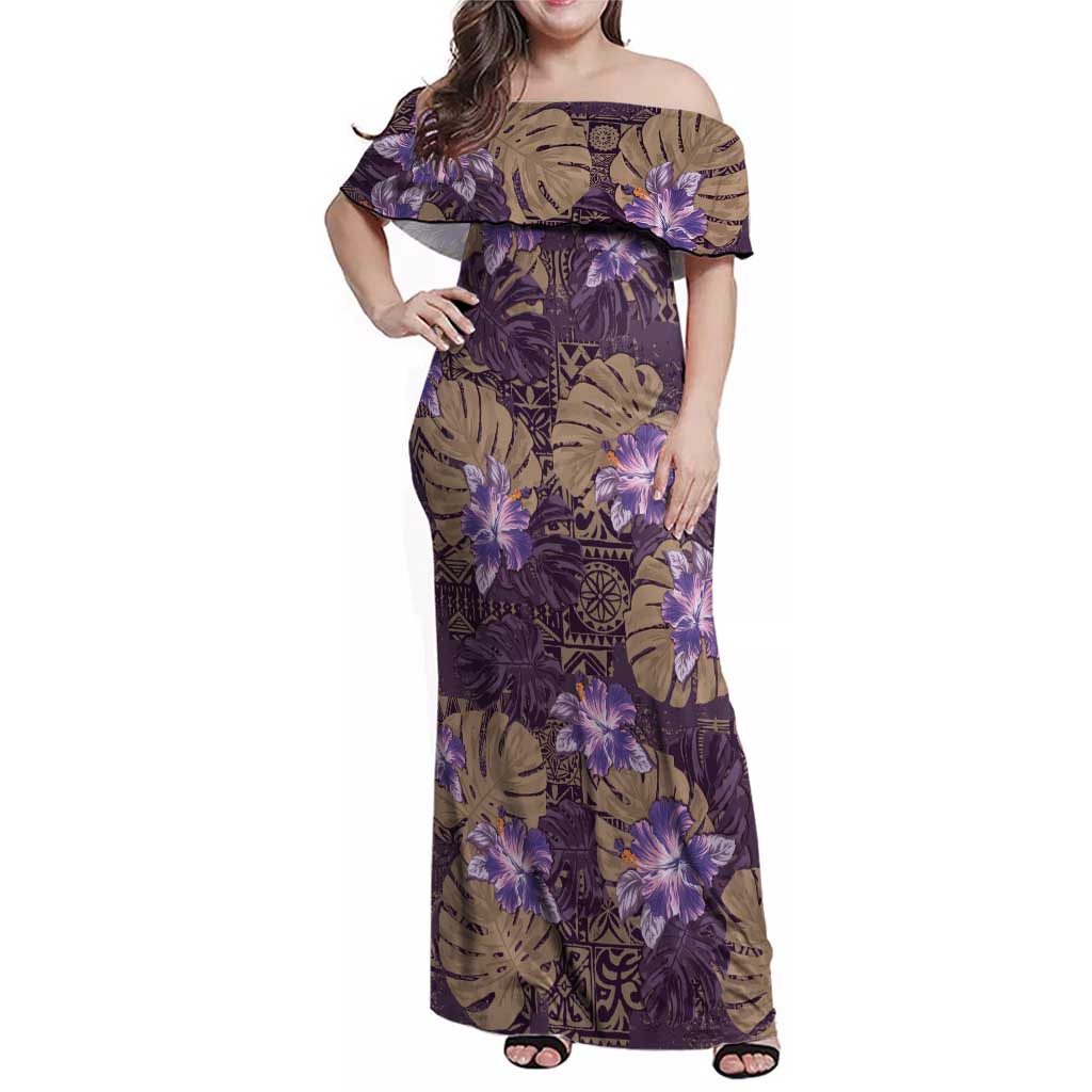 Hawaii Family Matching Off Shoulder Maxi Dress and Hawaiian Shirt Purple Polynesian Monstera Patterns - Polynesian Pride