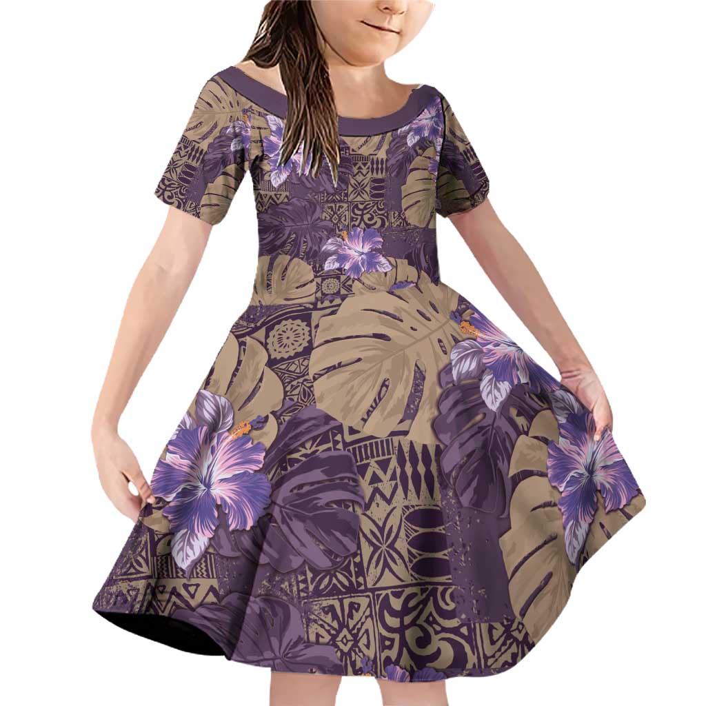 Hawaii Family Matching Off Shoulder Short Dress and Hawaiian Shirt Purple Polynesian Monstera Patterns - Polynesian Pride