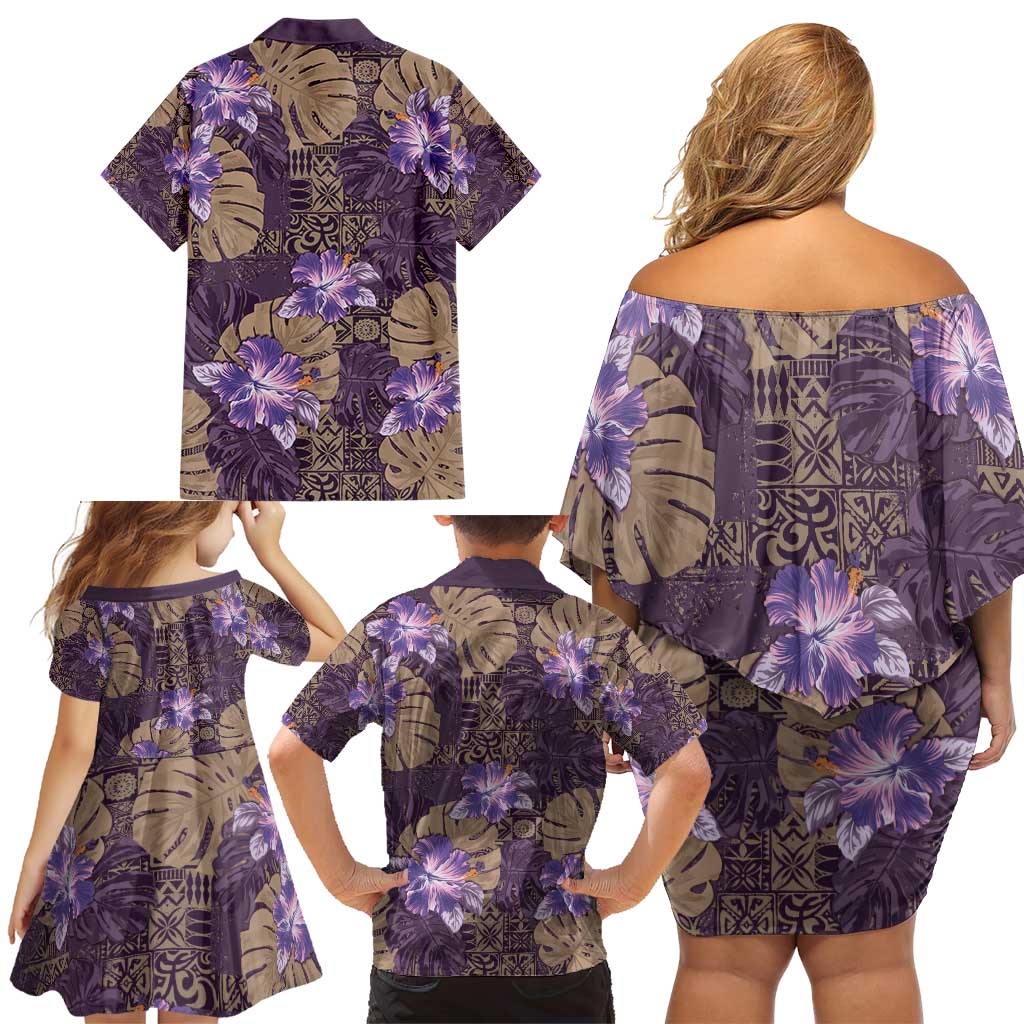 Hawaii Family Matching Off Shoulder Short Dress and Hawaiian Shirt Purple Polynesian Monstera Patterns - Polynesian Pride