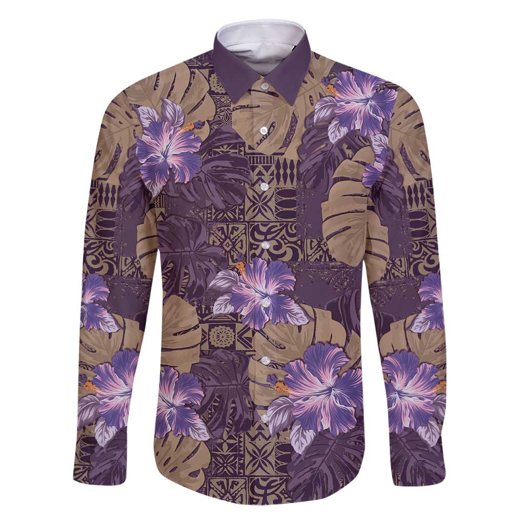 Hawaii Family Matching Puletasi and Hawaiian Shirt Purple Polynesian Monstera Patterns DT05 Dad's Shirt - Long Sleeve Purple - Polynesian Pride