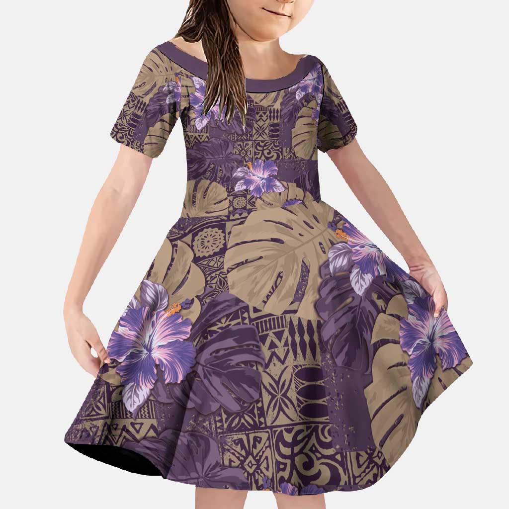 Hawaii Family Matching Short Sleeve Bodycon Dress and Hawaiian Shirt Purple Polynesian Monstera Patterns - Polynesian Pride