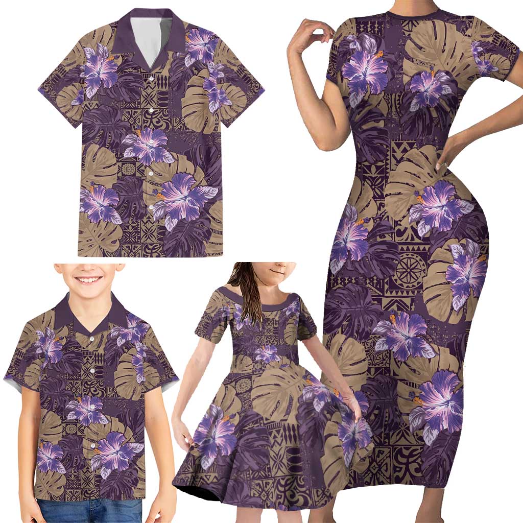 Hawaii Family Matching Short Sleeve Bodycon Dress and Hawaiian Shirt Purple Polynesian Monstera Patterns - Polynesian Pride