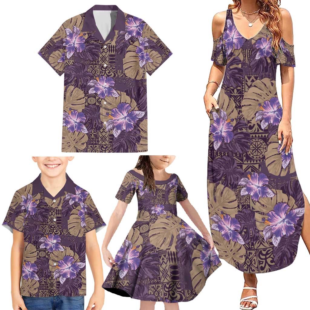 Hawaii Family Matching Summer Maxi Dress and Hawaiian Shirt Purple Polynesian Monstera Patterns - Polynesian Pride