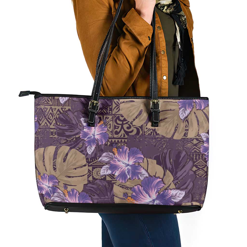 Hawaii Leather Tote Bag Purple Polynesian Monstera Patterns DT05 - Polynesian Pride