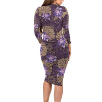 Hawaii Long Sleeve Bodycon Dress Purple Polynesian Monstera Patterns - Polynesian Pride