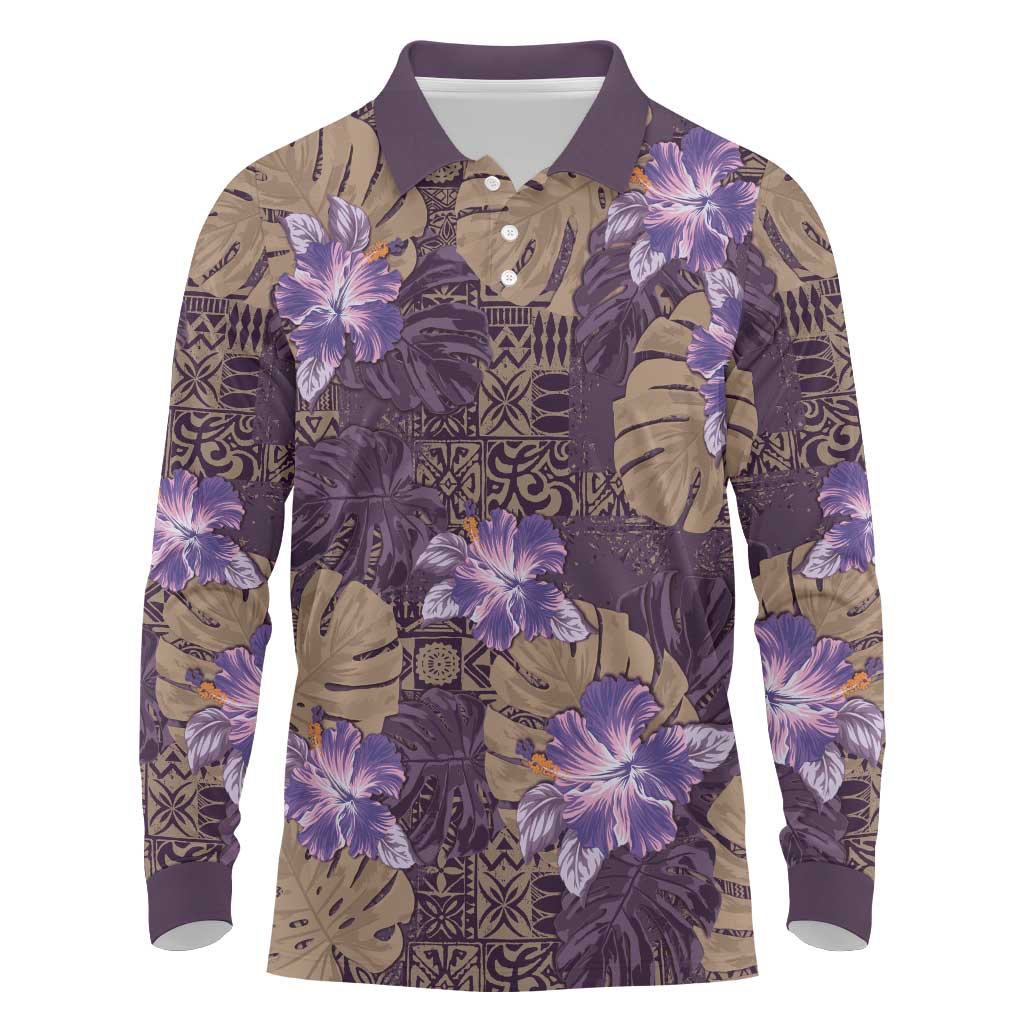 Hawaii Long Sleeve Polo Shirt Purple Polynesian Monstera Patterns DT05 Purple - Polynesian Pride