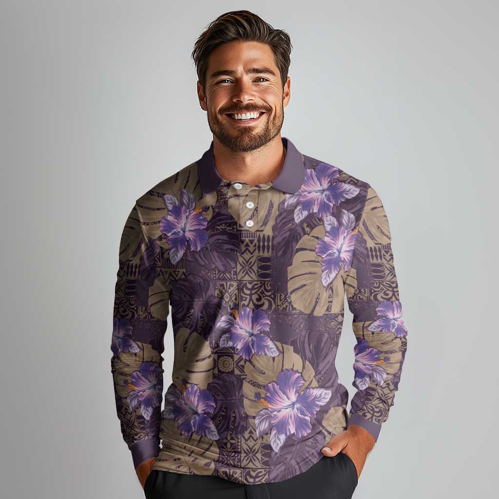 Hawaii Long Sleeve Polo Shirt Purple Polynesian Monstera Patterns DT05 - Polynesian Pride