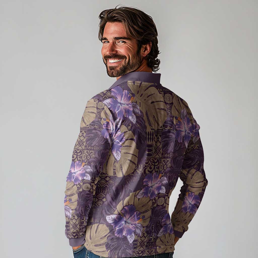 Hawaii Long Sleeve Polo Shirt Purple Polynesian Monstera Patterns DT05 - Polynesian Pride