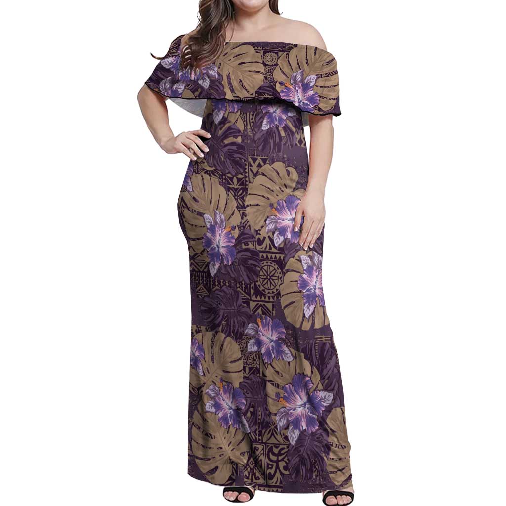 Hawaii Off Shoulder Maxi Dress Purple Polynesian Monstera Patterns - Polynesian Pride