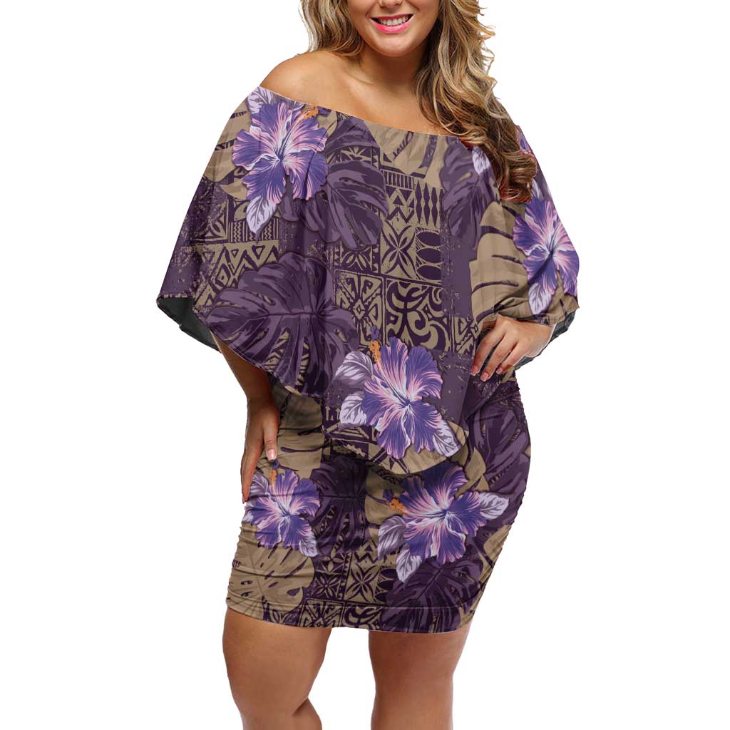 Hawaii Off Shoulder Short Dress Purple Polynesian Monstera Patterns - Polynesian Pride