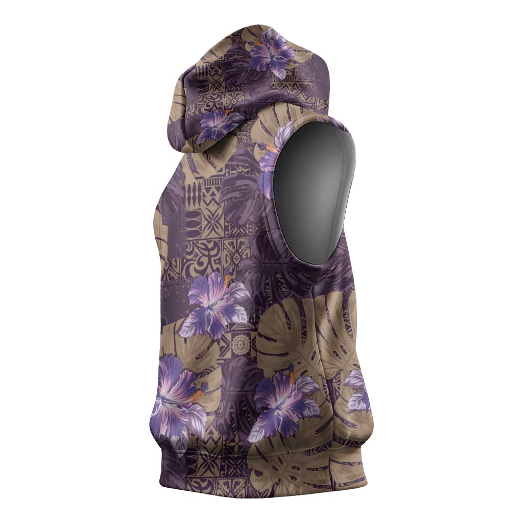 Hawaii Sleeveless Hoodie Purple Polynesian Monstera Patterns - Polynesian Pride