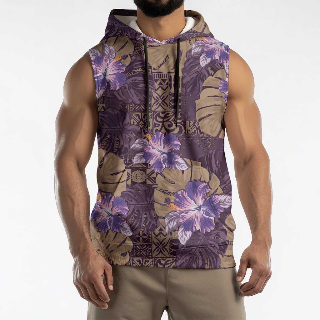 Hawaii Sleeveless Hoodie Purple Polynesian Monstera Patterns - Polynesian Pride