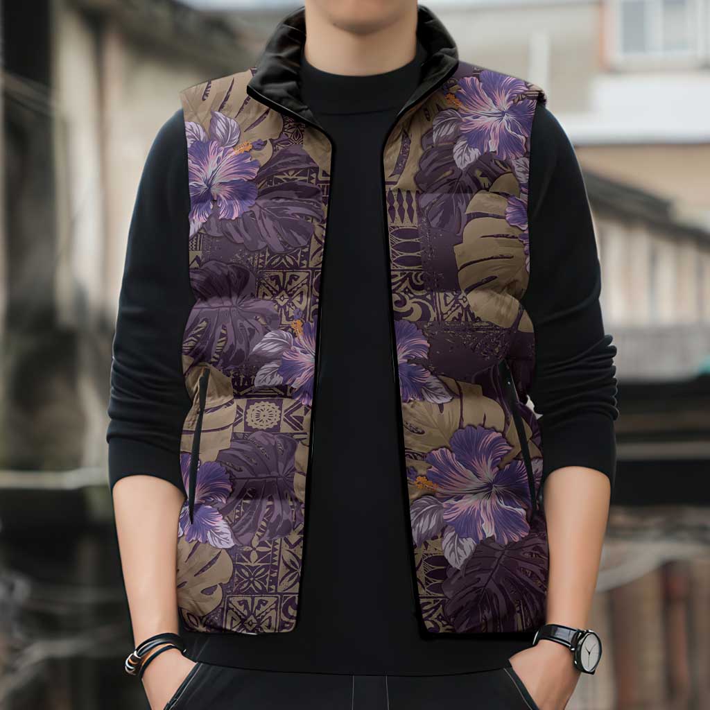 Hawaii Sleeveless Puffer Jacket Purple Polynesian Monstera Patterns - Polynesian Pride