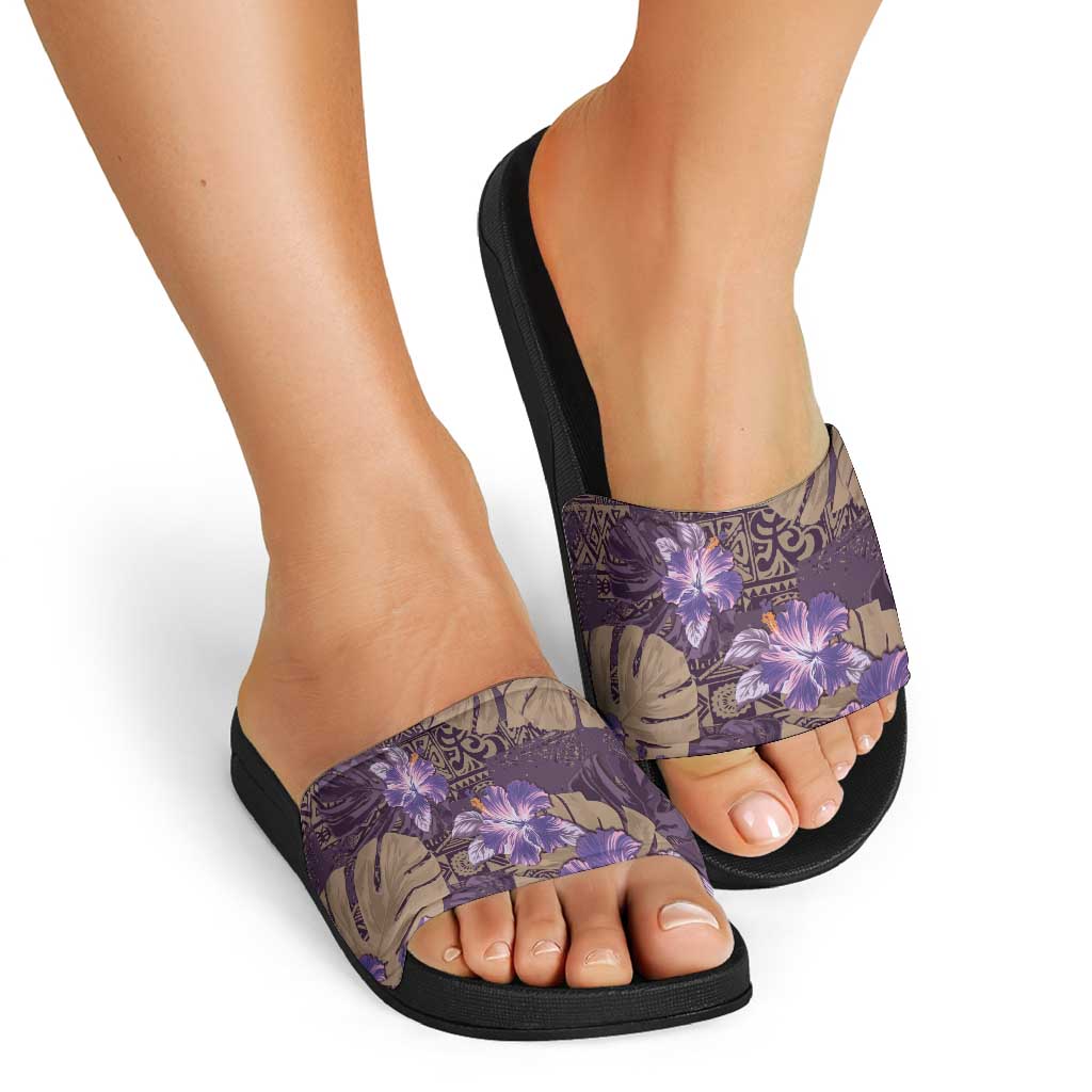 Hawaii Slide Sandals Purple Polynesian Monstera Patterns - Polynesian Pride